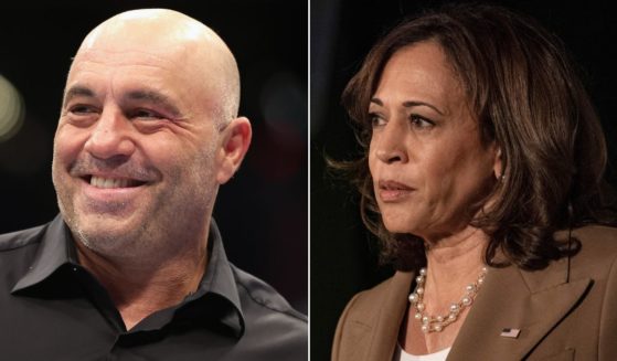 Comedian Joe Rogan, left, is promoting his new comedy tour with posters of Vice President Kamala Harris, right, dressed up in a mocking costume.