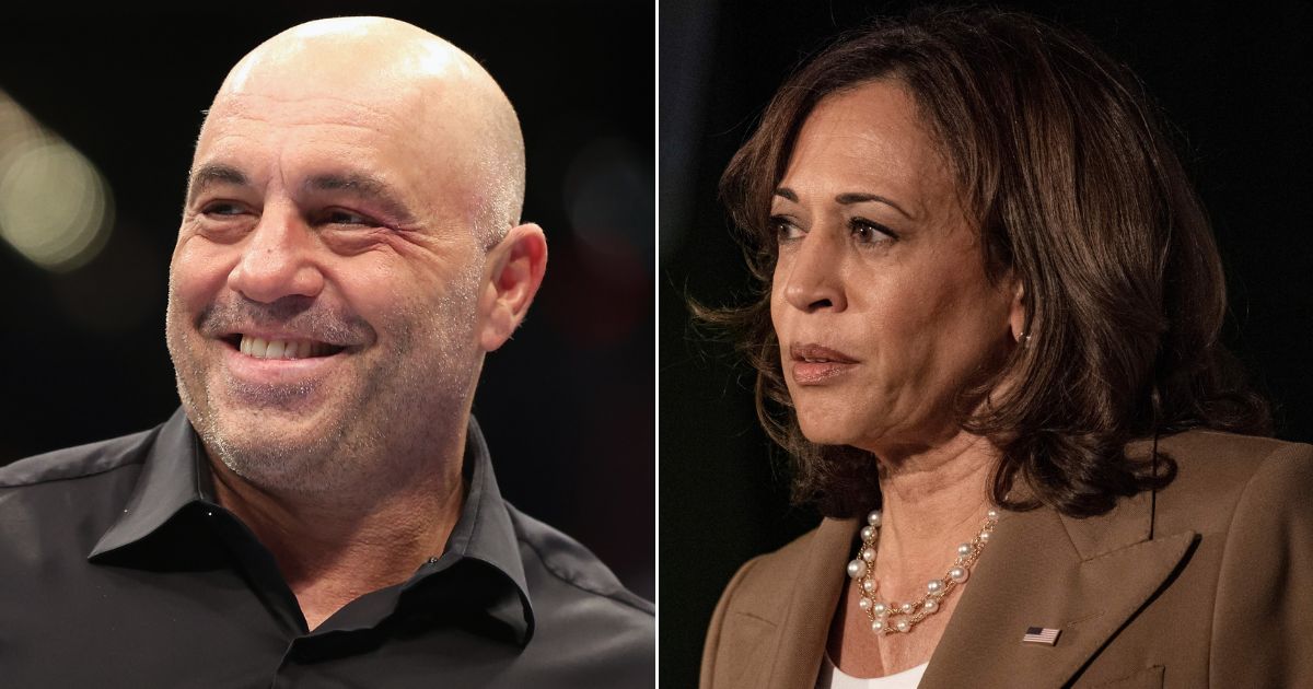 Comedian Joe Rogan, left, is promoting his new comedy tour with posters of Vice President Kamala Harris, right, dressed up in a mocking costume.