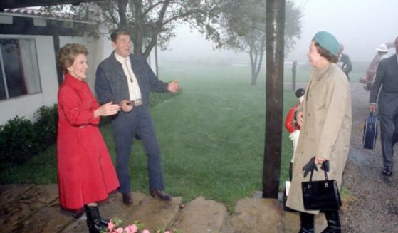 President Ronald Reagan and first lady Nancy Reagan welcome Queen Elizabeth II to their ranch in Santa Barbara, California, on March 1, 1983.