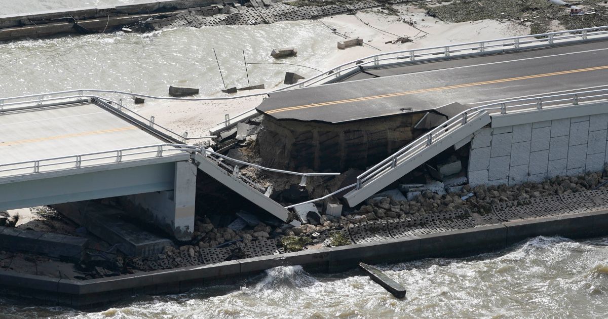 A section of the damaged Sanibel Causeway in the aftermath of Hurricane Ian