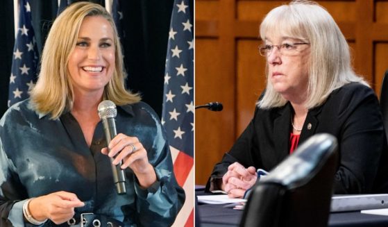 At left, Senate candidate Tiffany Smiley speaks at a Republican Party event on Election Day in Issaquah, Washington, on Aug. 2. At right, Democratic Sen. Patty Murray listens during a committee hearing on Capitol Hill in Washington on March 18, 2021.