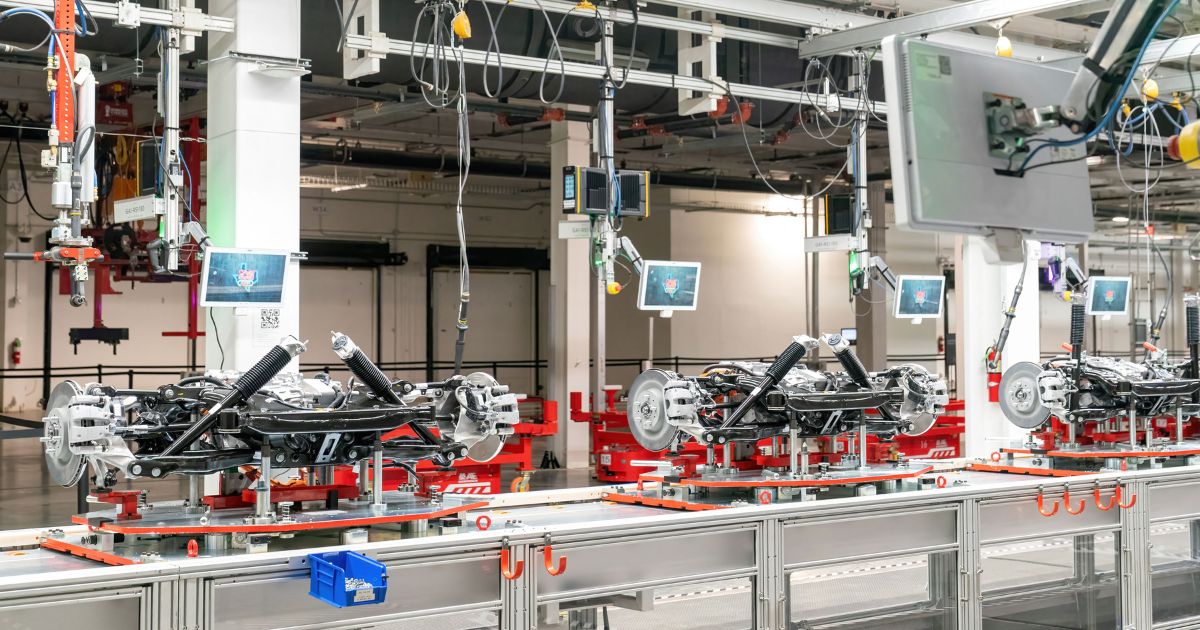The inside of the Tesla Giga Texas manufacturing facility is seen during a tour ahead of the "Cyber Rodeo" grand opening party in Austin, Texas, on April 7.