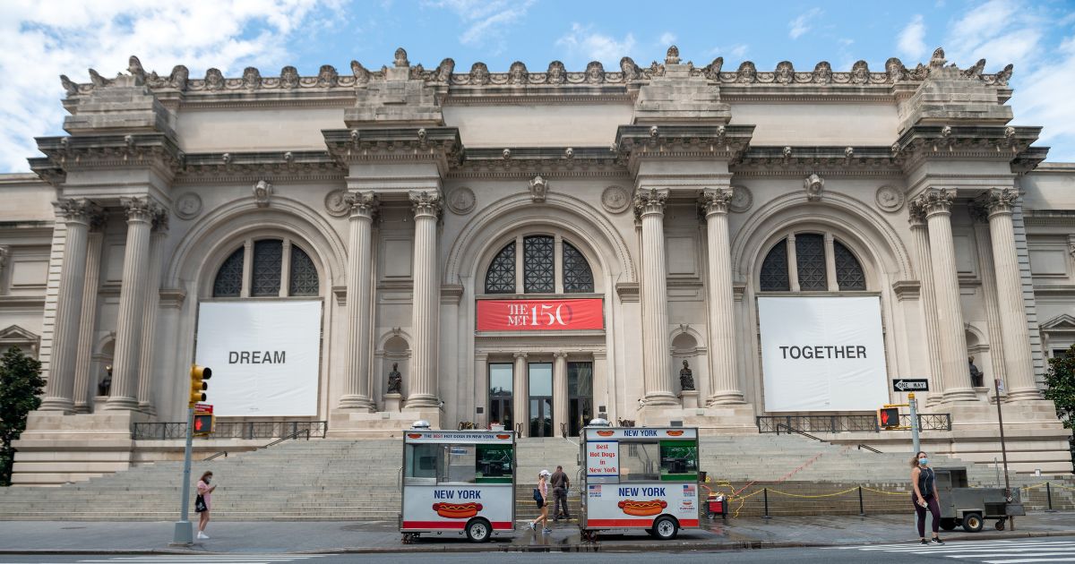 The art installation, Dream Together, by Yoko Ono is displayed outside of the New York Metropolitan Museum of Art in New York City on Aug. 23, 2020.
