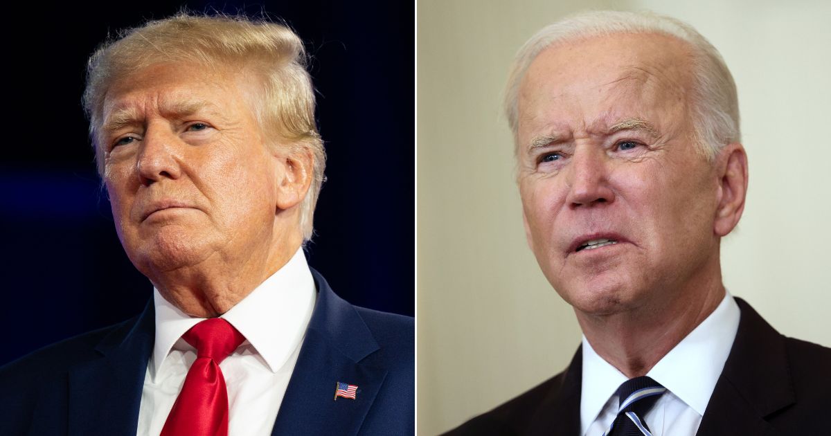 Former President Donald Trump, left, and President Joe Biden, right, both put out statements following the death of Queen Elizabeth II on Thursday. However, only Trump's mentioned God.