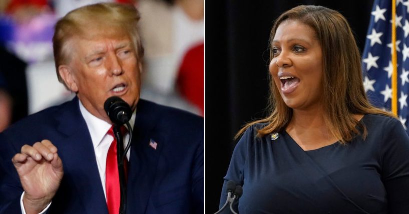 At left, former President Donald Trump speaks at a campaign rally in Youngstown, Ohio, on Saturday. At right, New York Attorney General Letitia James speaks during an event in New York City on June 6.