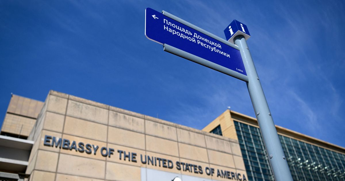 A street sign is seen in front of the U.S. Embassy in Moscow on June 30.