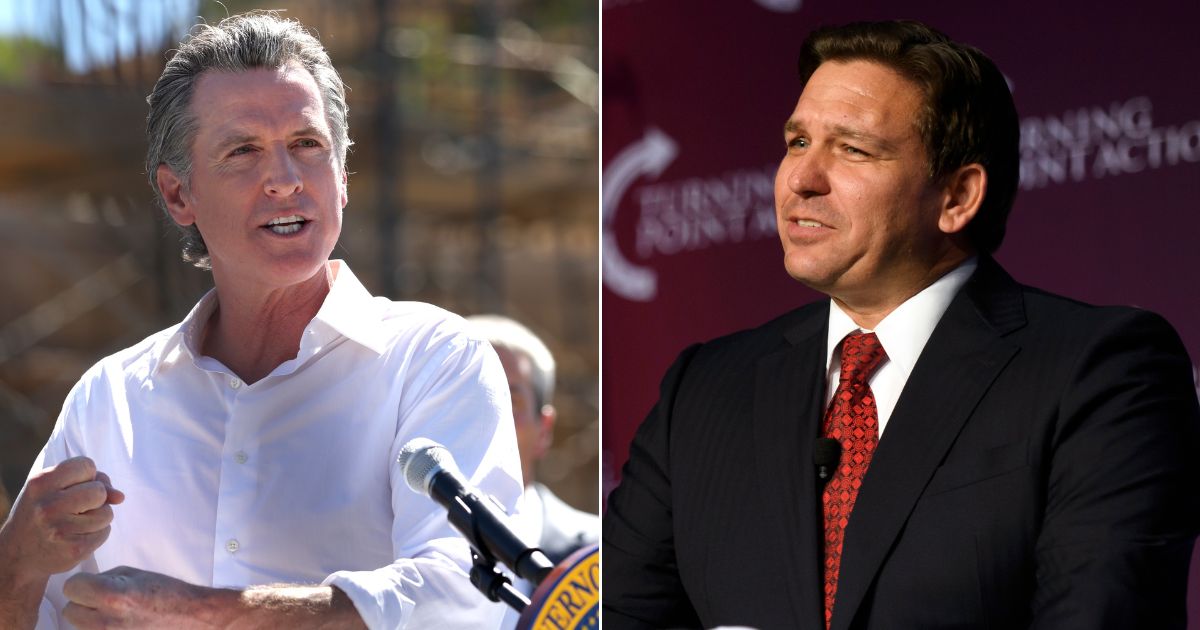 California Gov. Gavin Newsom, left, went on the offensive with an ad purchase in Florida over the summer, criticizing the administration of Florida Gov. Ron DeSantis, right. On Wednesday, DeSantis made him regret it.