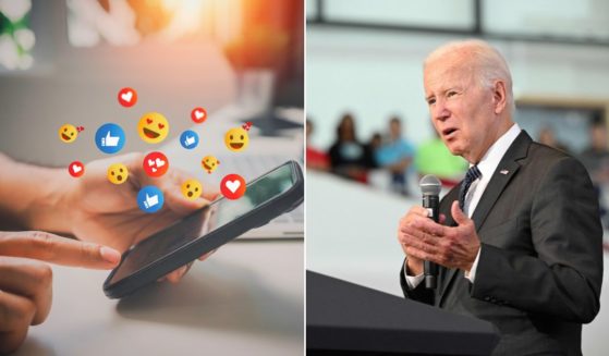 A man using social media on a cell phone, left; President Joe Biden, right.