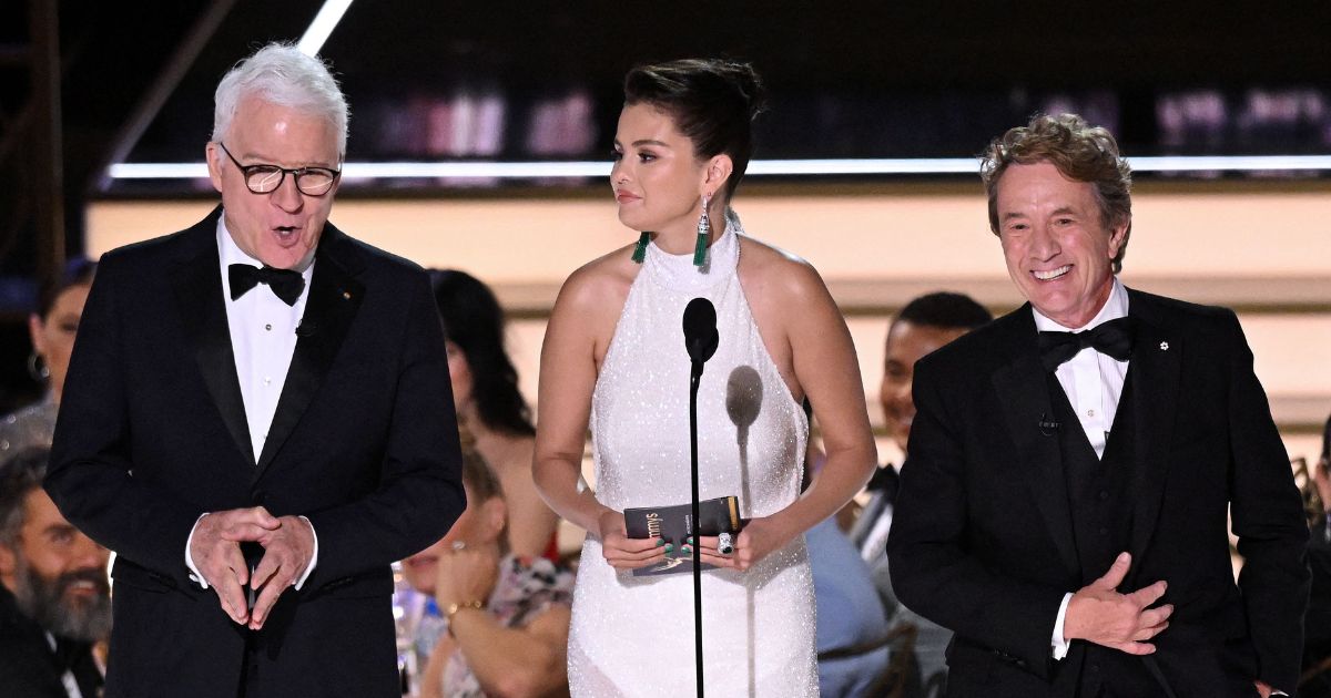 Comedian Steve Martin, left, singer and actress Selena Gomez and actor Martin Short present the award for Outstanding Variety Talk Series onstage during the 74th Emmy Awards at the Microsoft Theater in Los Angeles on Monday.