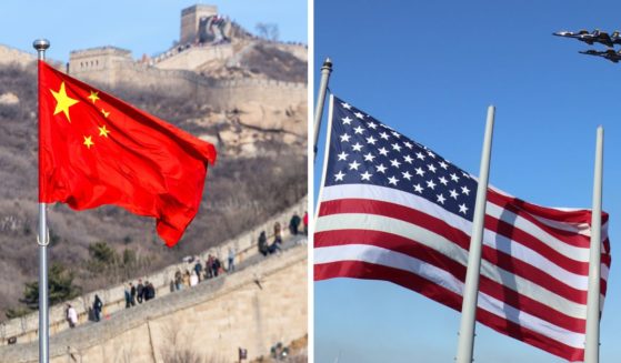 A Chinese flag flies over the Great Wall of China, left. An American flag flies as Navy Blue Angel jets soar overhead during a demonstration in San Francisco in October.