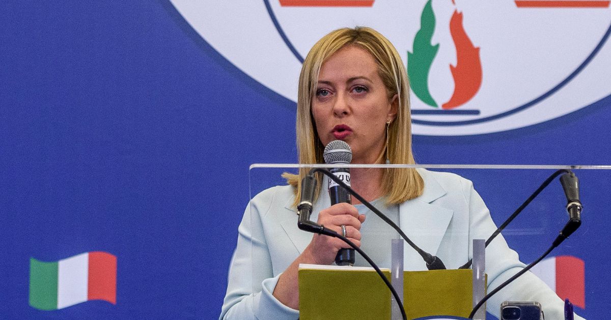 Giorgia Meloni, leader of the Fratelli d'Italia (Brothers of Italy) conducts a news conference overnight after Sunday's Italian parliamentary elections gave power ot a conservative coalition in which Meloni's party holds the most seats.