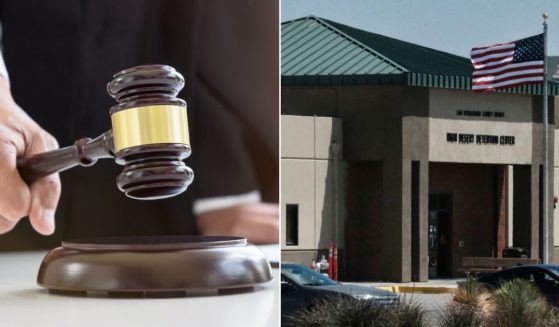 A judge's gavel, left; and exterior shot of the Adelanto Immigration and Enforcement Processing Center operated by GEO Group, Inc., in Adelanto, California, right.