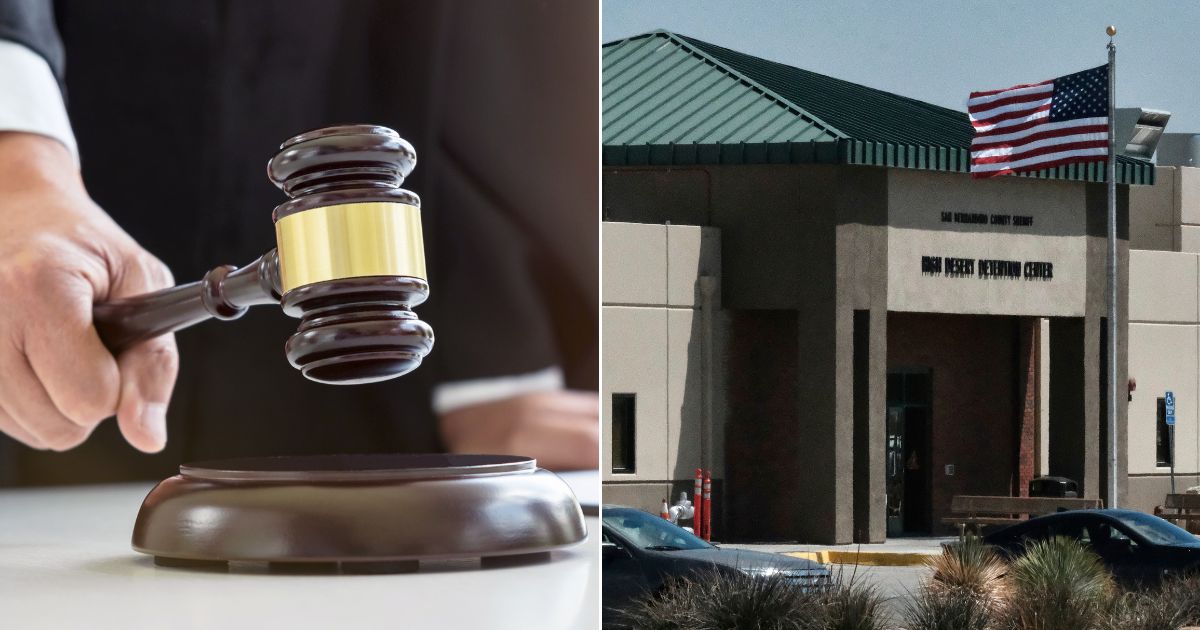 A judge's gavel, left; and exterior shot of the Adelanto Immigration and Enforcement Processing Center operated by GEO Group, Inc., in Adelanto, California, right.