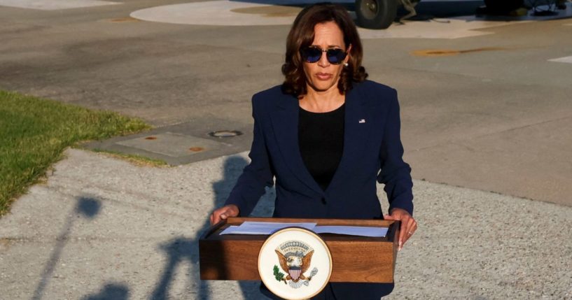 Vice President Kamala Harris makes a statement to the media on Thursday in the Demilitarized Zone that separates North and South Korea.