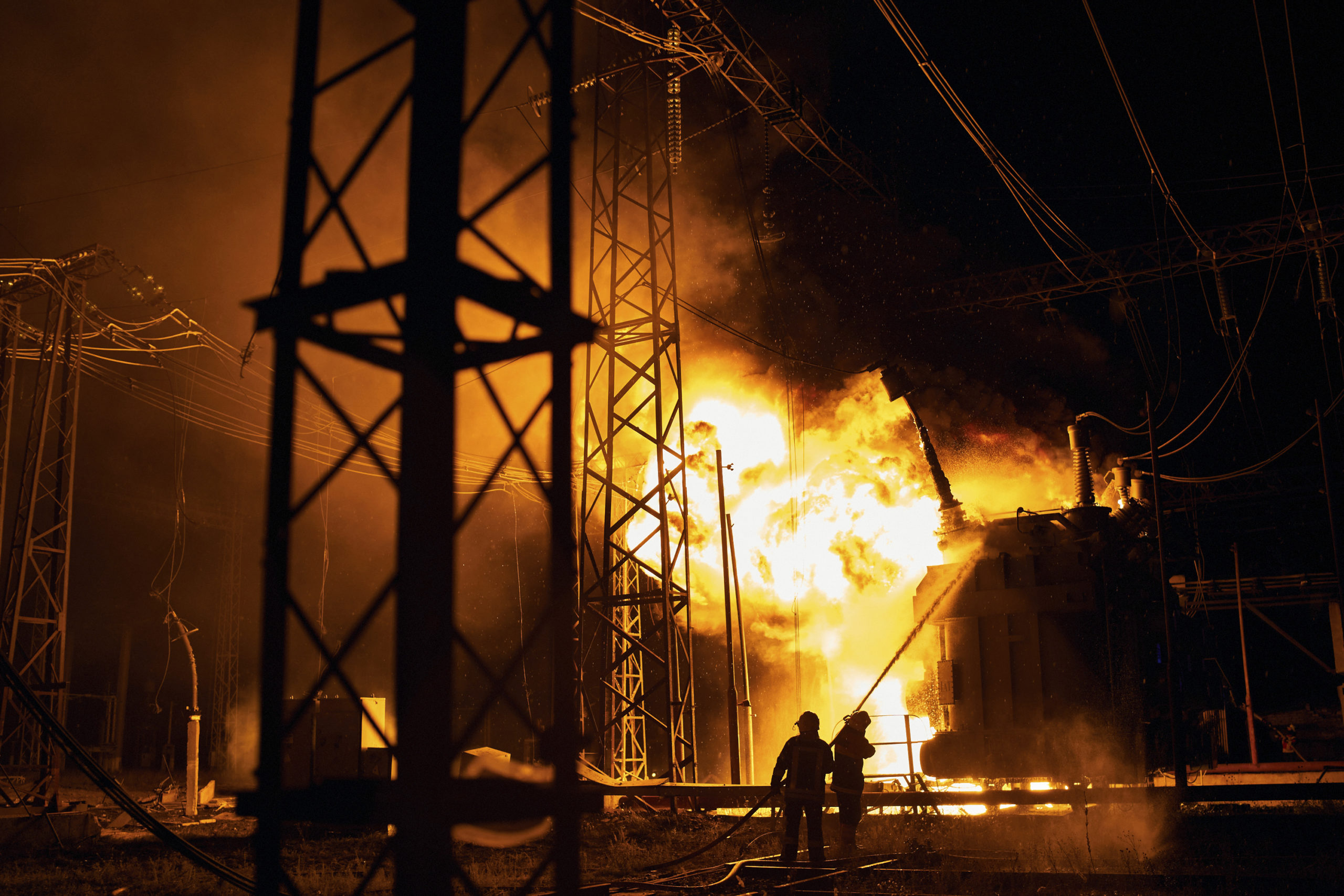 On Sunday, Ukrainian State Emergency Service firefighters put out a fire at an electric power station in Kharkiv, Ukraine, started by a Russian rocket attack.