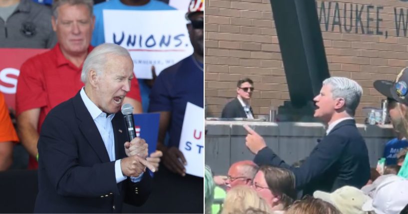 President Joe Biden, left, is interrupted by a heckler, right, on Monday.