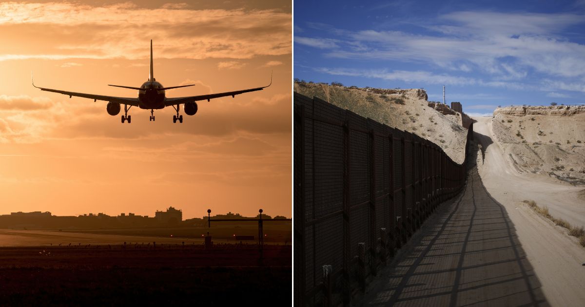 The above stock image is of an airplane and a border fence.