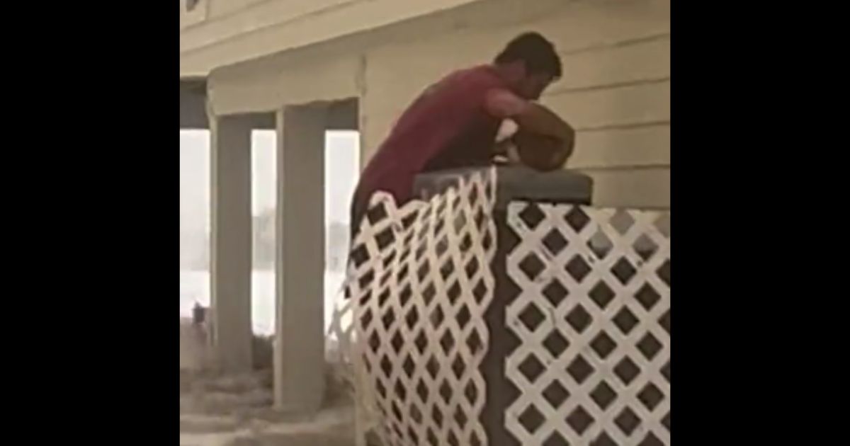 Mike Ross, 29, rescues a cat that was stranded on top of a mounted air conditioning unit Wednesday during Hurricane Ian near Bonita Beach, Florida.