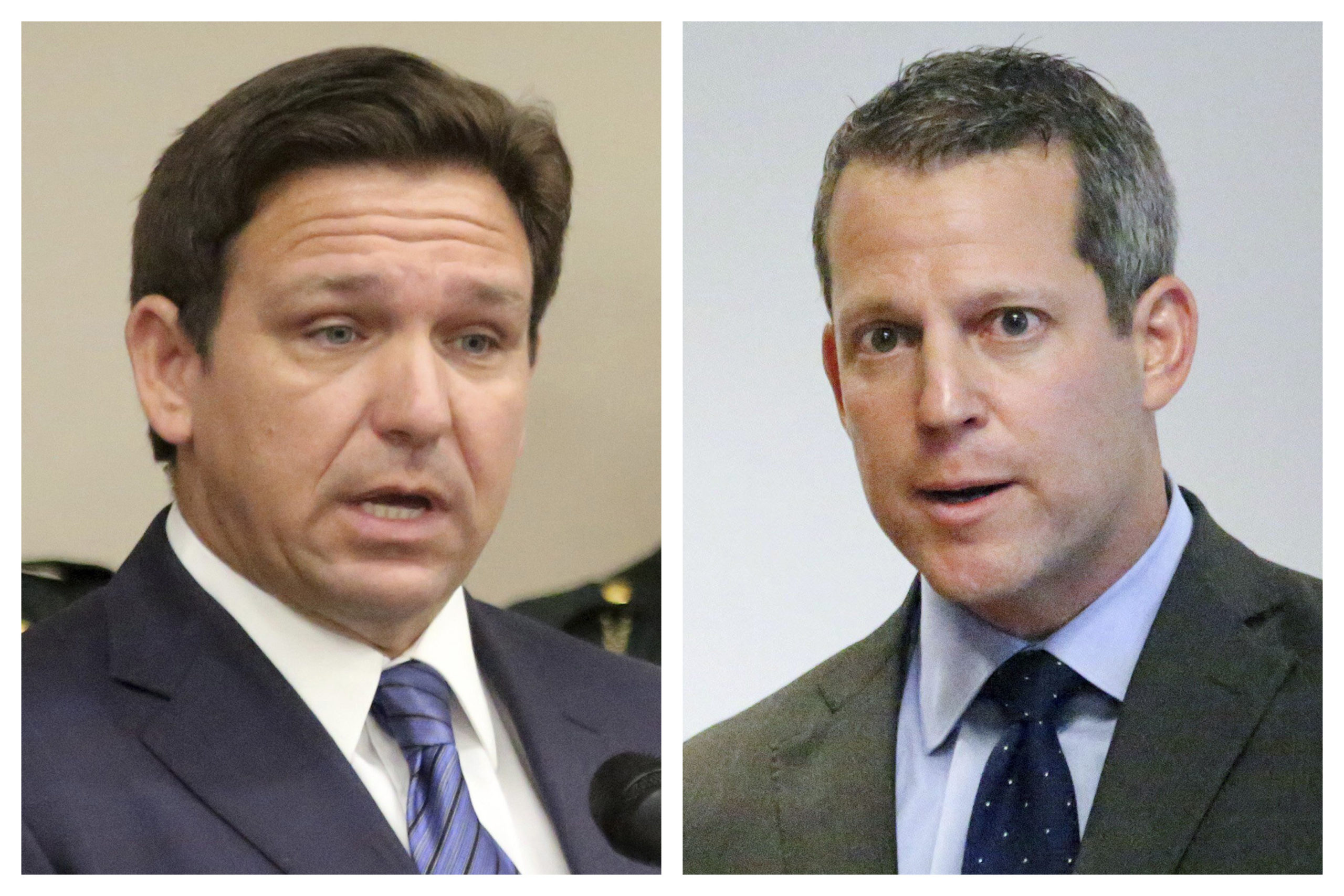 In a court filing, Florida Gov. Ron DeSantis said Andrew Warren, right, "had no First Amendment right, as a public official, to declare that he would not perform his duties under Florida law."