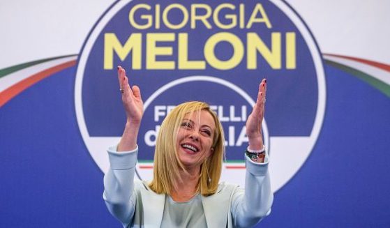 ROME, ITALY - SEPTEMBER 25: Giorgia Meloni, leader of the Fratelli d'Italia (Brothers of Italy) gestures during a press conference at the party electoral headquarters overnight, on September 25, 2022 in Rome, Italy. The snap election was triggered by the resignation of Prime Minister Mario Draghi in July, following the collapse of his big-tent coalition of leftist, right-wing and centrist parties. (Photo by Antonio Masiello/Getty Images)