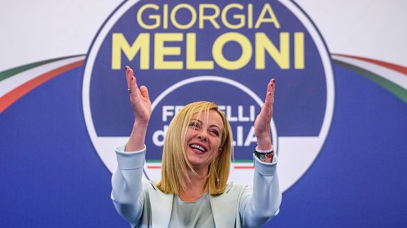 ROME, ITALY - SEPTEMBER 25: Giorgia Meloni, leader of the Fratelli d'Italia (Brothers of Italy) gestures during a press conference at the party electoral headquarters overnight, on September 25, 2022 in Rome, Italy. The snap election was triggered by the resignation of Prime Minister Mario Draghi in July, following the collapse of his big-tent coalition of leftist, right-wing and centrist parties. (Photo by Antonio Masiello/Getty Images)
