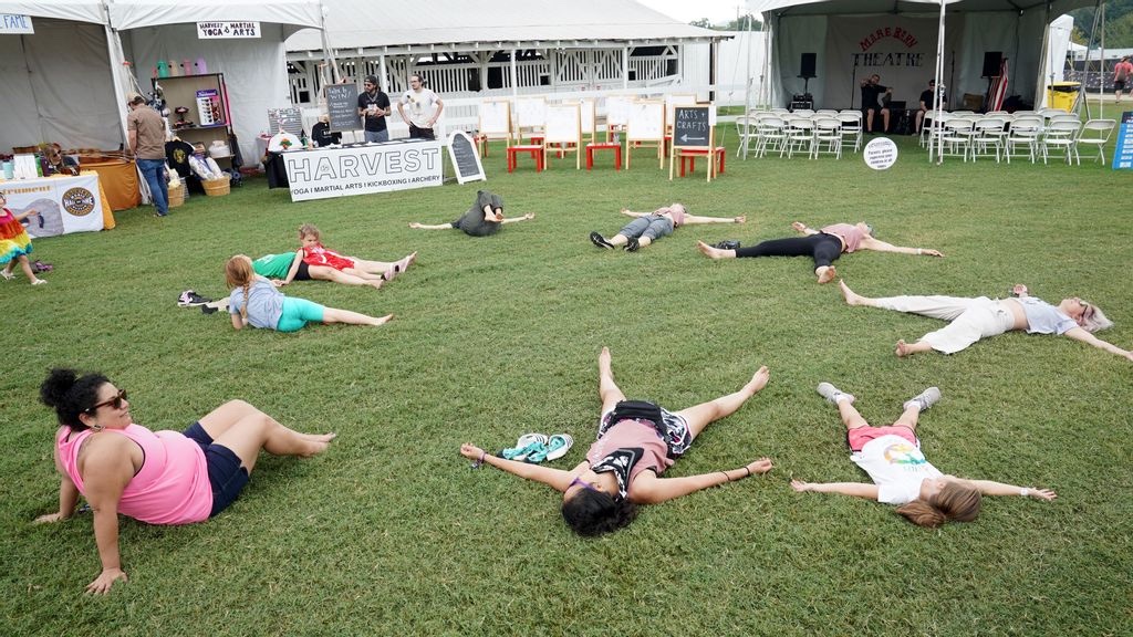 Festival goers participate in Harvest Kids Yoga during day two of the 2022 Pilgrimage Music & Cultural Festival on September 25, 2022 in Franklin, Tennessee. (Photo by Erika Goldring/Getty Images for Pilgrimage Music & Cultural Festival)