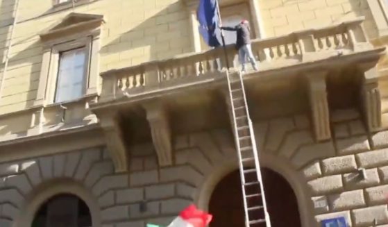 A group of protestors in Italy tore down the flag of the European Union at the E.U. headquarters in Rome.