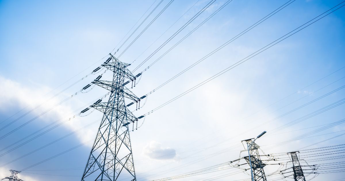 Electrical towers are seen in this stock image.