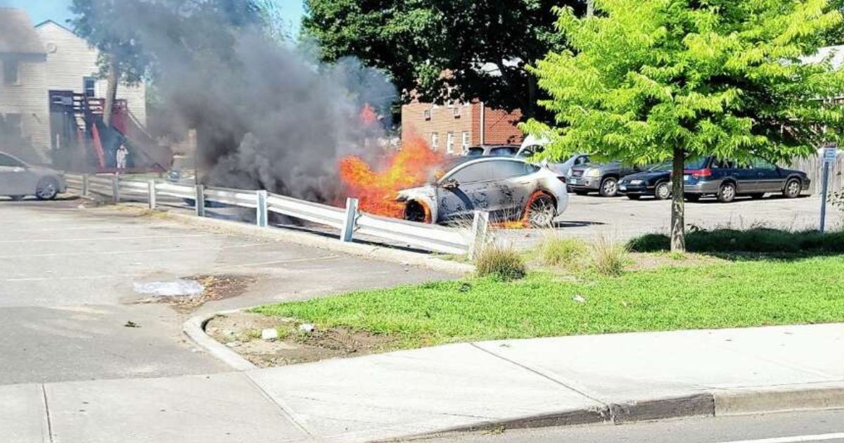 A Tesla catches on fire Thursday in Stamford, Connecticut.