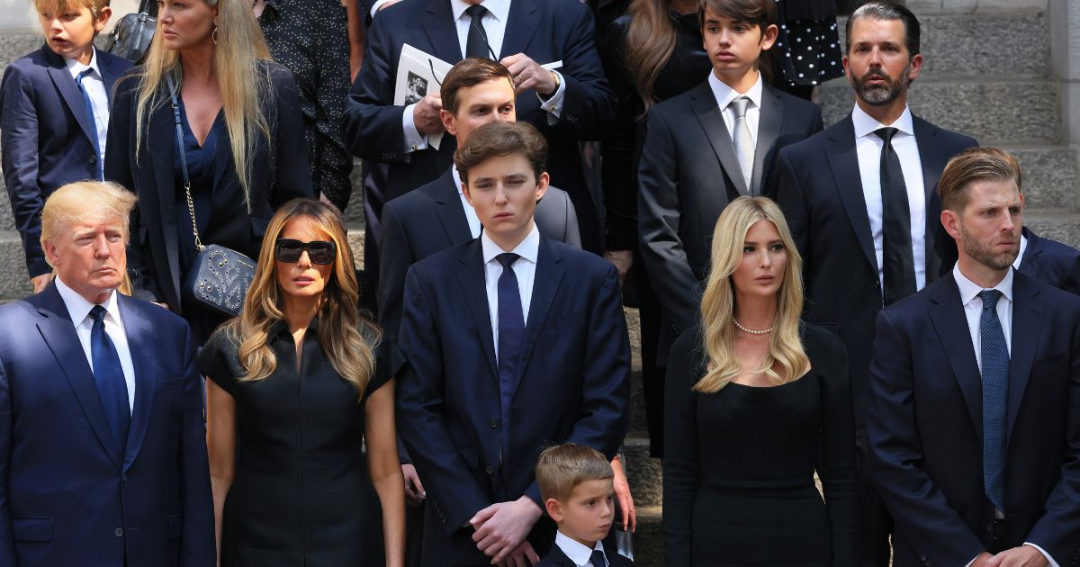 From left to right, Donald Trump, Melania Trump, Baron Trump, Ivanka Trump, Eric Trump and Donald Trump Jr. watch as the casket of Ivana Trump is put in a hearse outside of St. Vincent Ferrer Roman Catholic Church in New York City on July 20.
