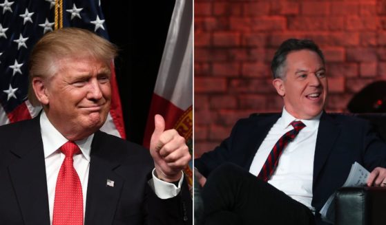 Former President Donald Trump, left, congratulates Fox News host Greg Gutfeld, right, on having the first cable show to win late night for an entire month.
