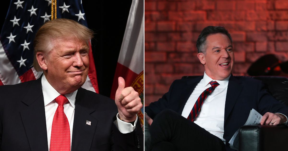 Former President Donald Trump, left, congratulates Fox News host Greg Gutfeld, right, on having the first cable show to win late night for an entire month.