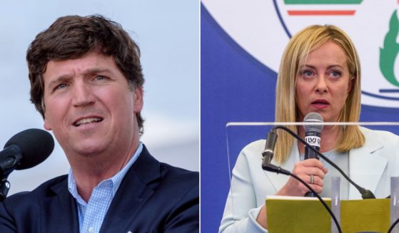 Fox News host Tucker Carlson, left, speaks about Italian politician Giorgia Meloni, right, on a recent episode of his show.