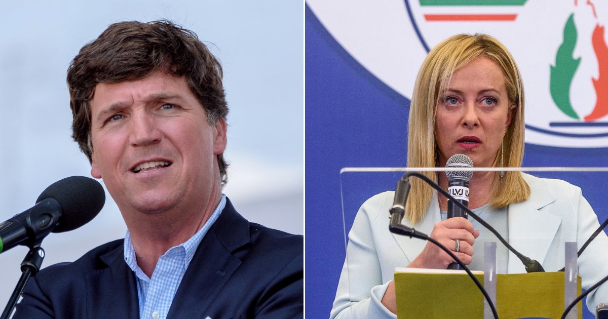 Fox News host Tucker Carlson, left, speaks about Italian politician Giorgia Meloni, right, on a recent episode of his show.