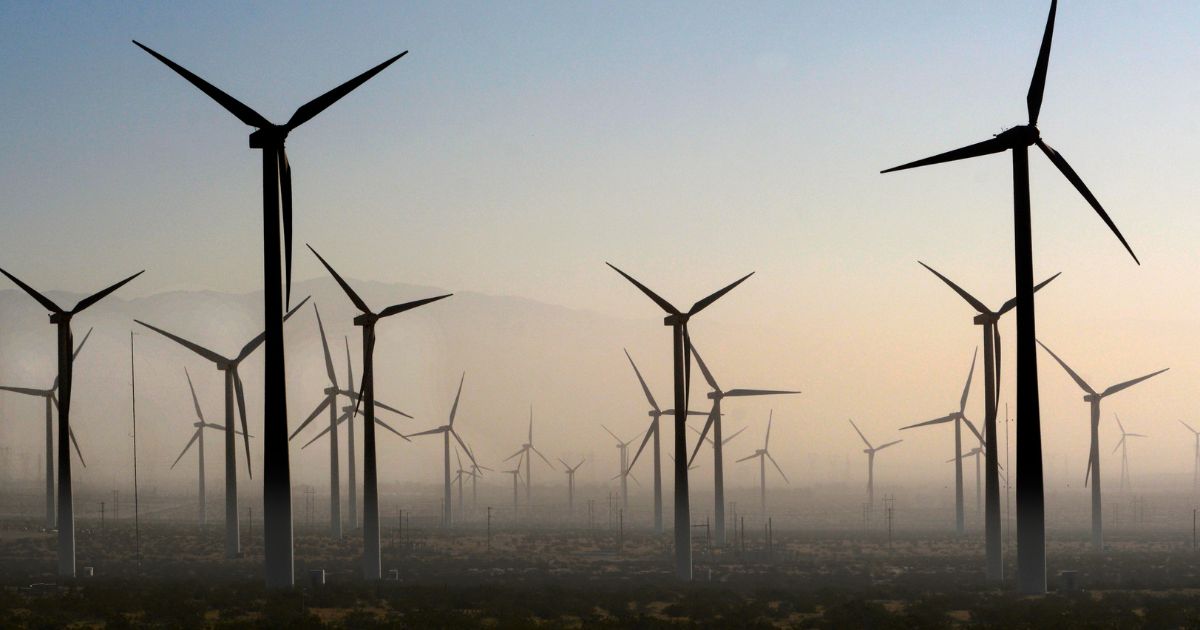 Wind turbines generate electricity at the San Gorgonio Pass Wind Farm near Palm Springs, California, as a dust storm blows through the area.