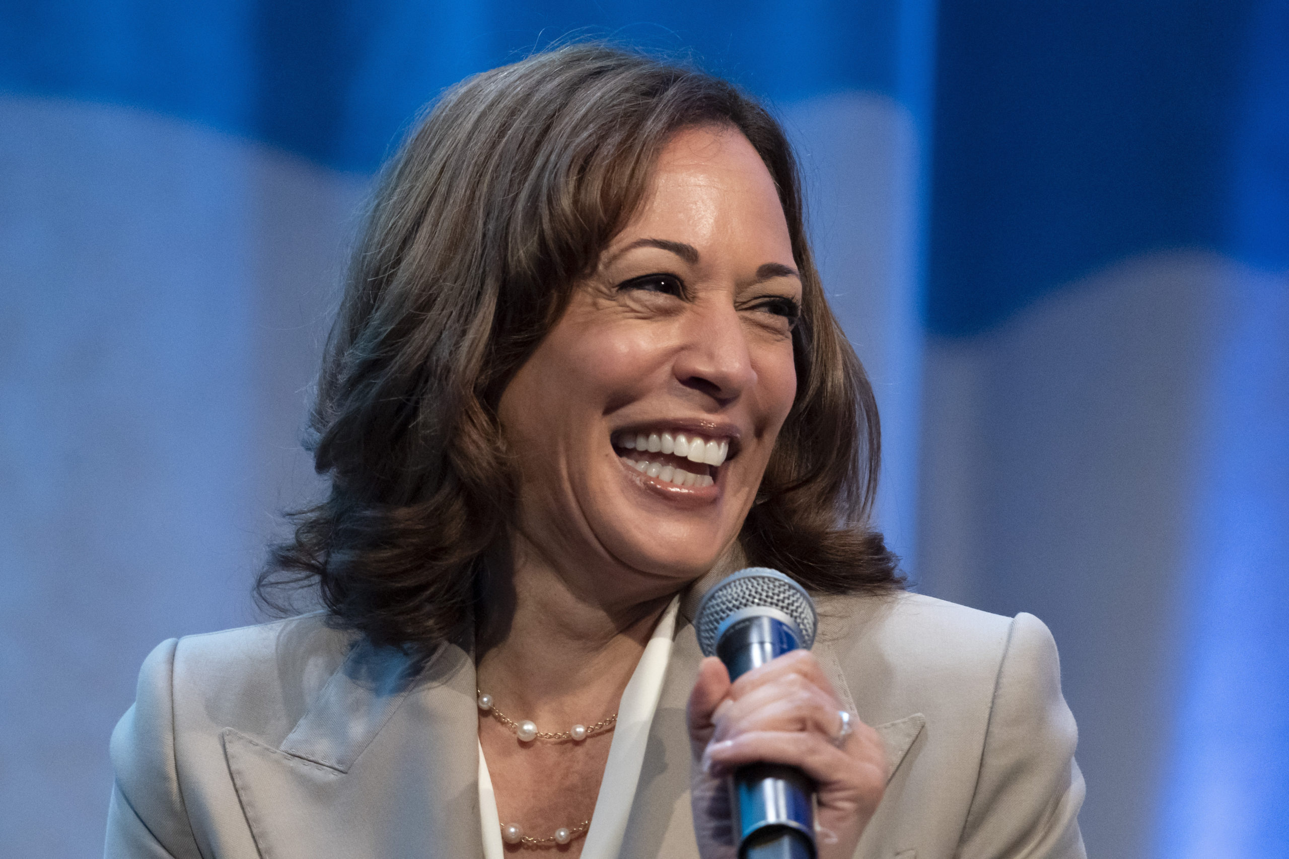 Vice President Kamala Harris, seen in a file photo from July, made an appearance on "Late Night with Seth Meyers" this week, talking about how her life has changed since she got the job.