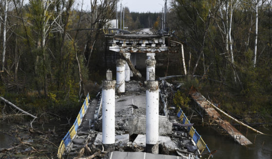 A view of a damaged bridge in the retaken village of Bohorodychne, eastern Ukraine on Saturday.