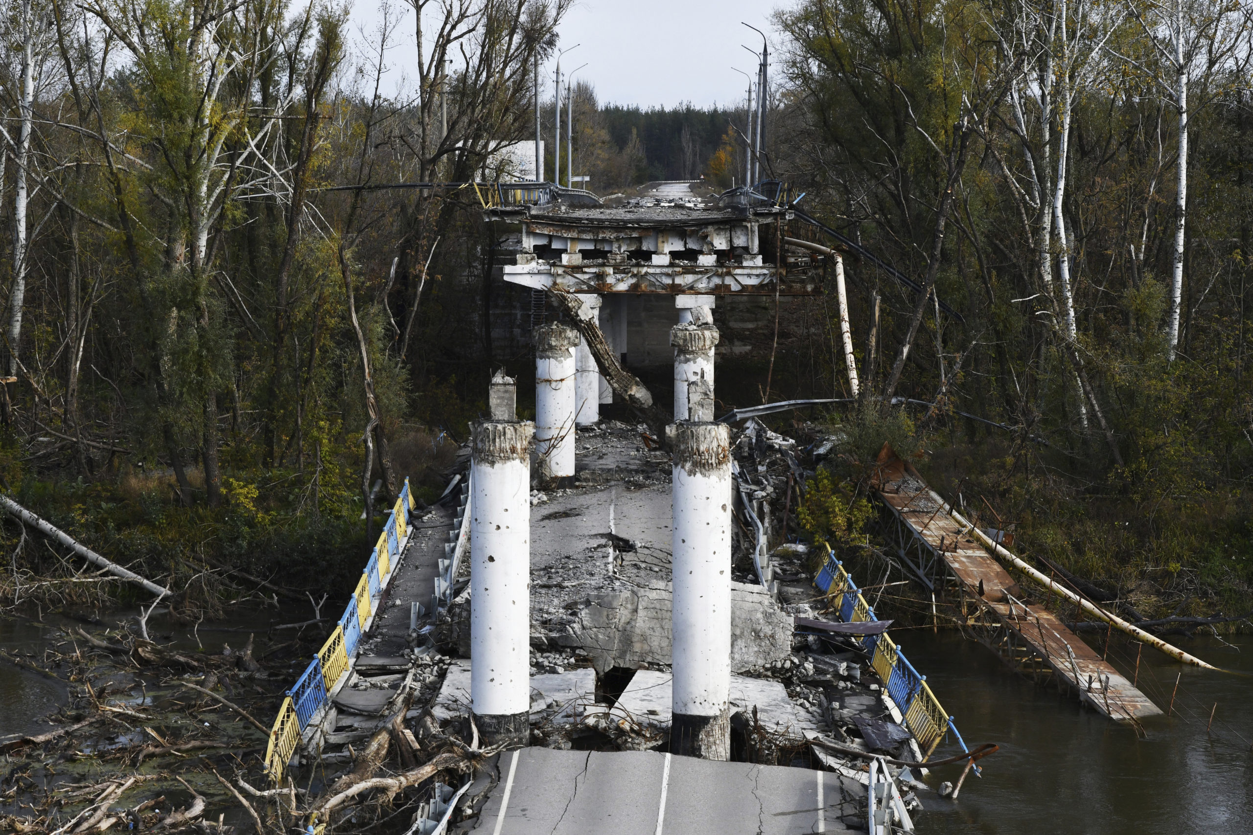 A view of a damaged bridge in the retaken village of Bohorodychne, eastern Ukraine on Saturday.