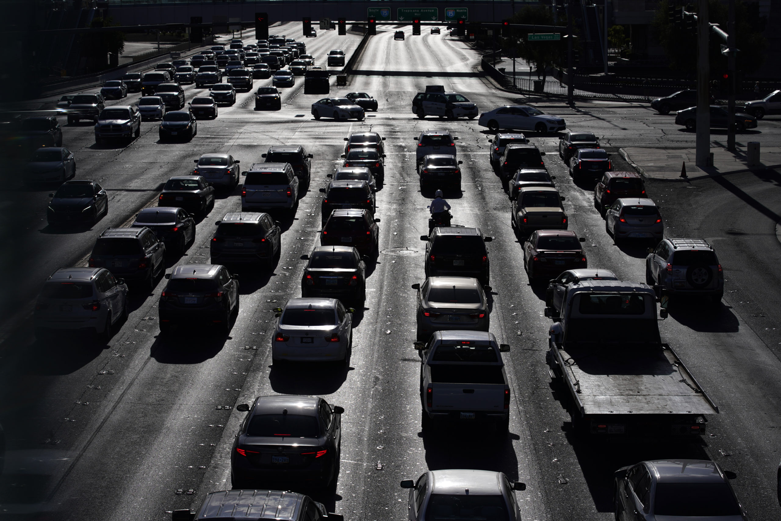 Cars wait at a red light during rush hour on the Las Vegas Strip in Las Vegas, Nevada on April 22, 2021.