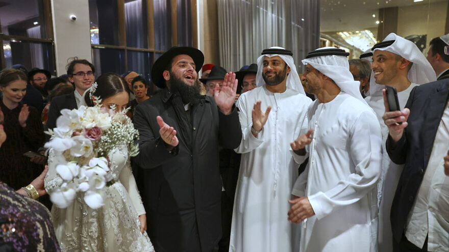 UAE Rabbi Levi Duchman (L2) and Lea Hadad (L1) during their wedding. With 1,500 guests from around the world, including leading rabbis, dignitaries and Emirati royals, the wedding is the largest Jewish event in the history of the Emirates. Rabbi Duchman, with support from the government, has built much of the country’s Jewish infrastructure that has seen the burgeoning Jewish community flourish.