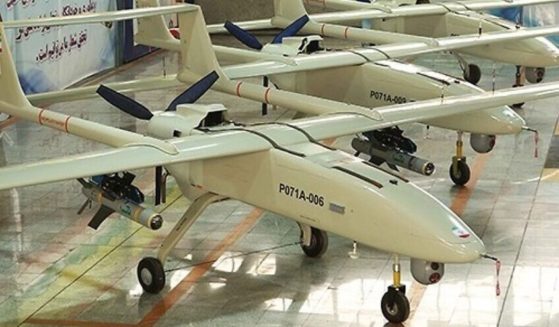 Iranian Qods Mohajer-6 Unmanned Aerial Vehicles (drones) parked in a military hangar