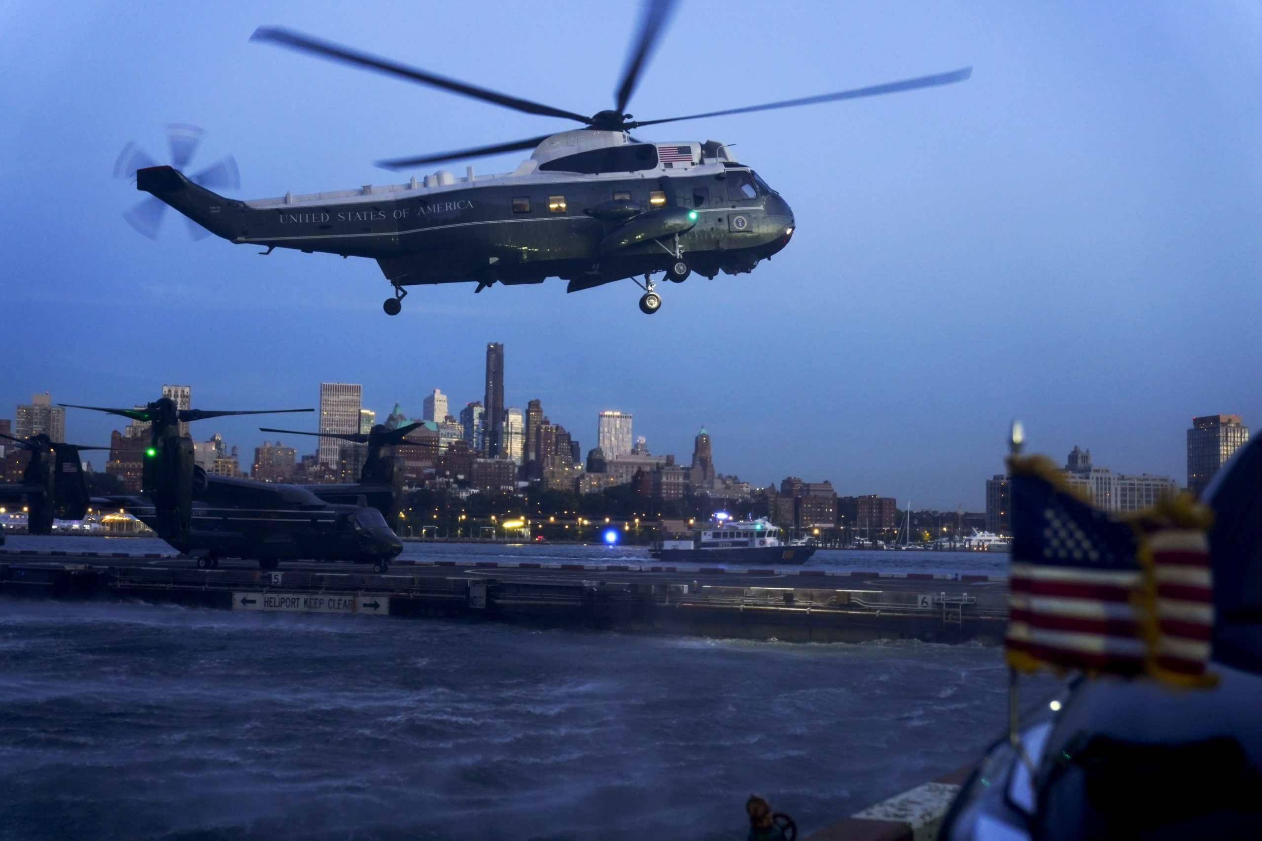 President Joe Biden, aboard Marine One, gets set to arrive at the Wall Street Landing Zone in New York City on Thursday to attend a Democratic Senatorial Campaign Committee reception.