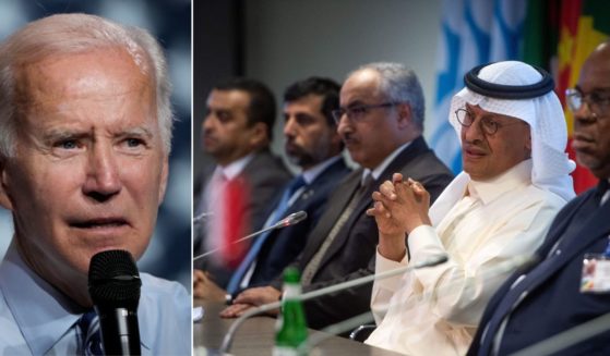 President Joe Biden, left, was "disappointed" with the announcement by OPEC+ that it would be reducing production, according to the White House. At right, Saudi Arabian Minister of Energy Abdulaziz bin Salman speaks during a news conference after the 45th Joint Ministerial Monitoring Committee and the 33rd OPEC and non-OPEC Ministerial Meeting in Vienna, Austria, on Wednesday.