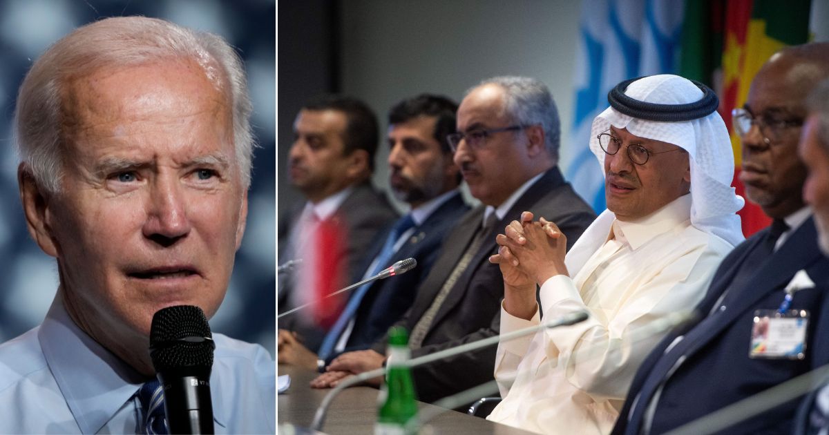 President Joe Biden, left, was "disappointed" with the announcement by OPEC+ that it would be reducing production, according to the White House. At right, Saudi Arabian Minister of Energy Abdulaziz bin Salman speaks during a news conference after the 45th Joint Ministerial Monitoring Committee and the 33rd OPEC and non-OPEC Ministerial Meeting in Vienna, Austria, on Wednesday.