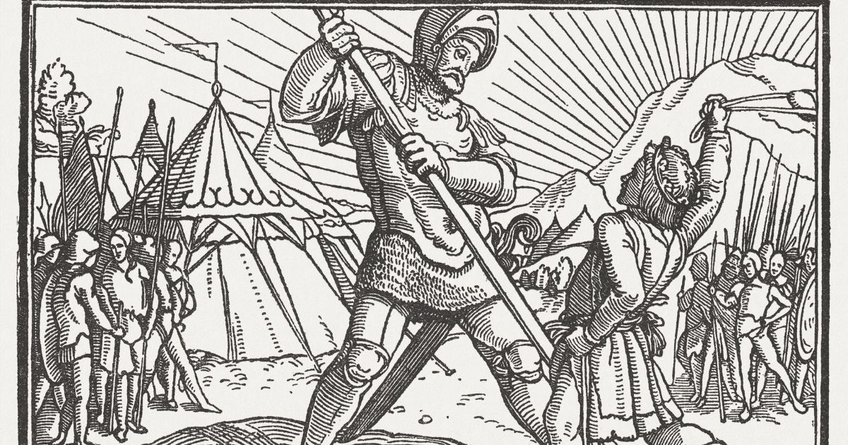 This woodcut depicts David fighting Goliath.
