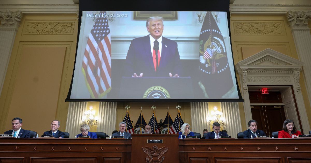 A video of former President Donald Trump is played during a hearing by the Jan. 6 committee in the Cannon House Office Building on Thursday in Washington, D.C.