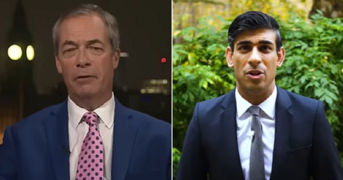 British conservative Nigel Farage, left; incoming Prime Minister Rishi Sunak, right.