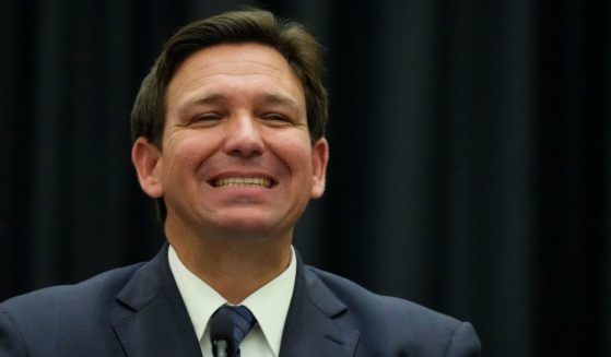 Ron DeSantis grinning during a news conference