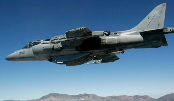 A U.S. Marine Corps AV-8 Harrier fighter jet from VX-9 Naval Air Weapons Station China Lake is seen on a training flight over California on June 21, 2007.