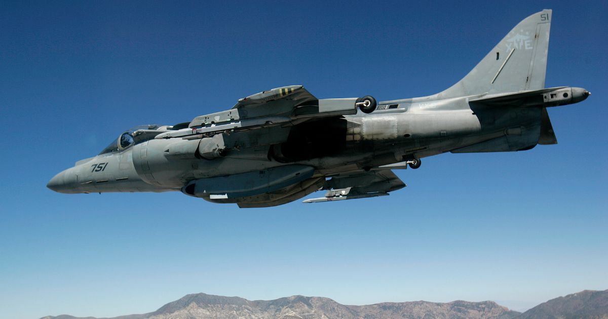 A U.S. Marine Corps AV-8 Harrier fighter jet from VX-9 Naval Air Weapons Station China Lake is seen on a training flight over California on June 21, 2007.